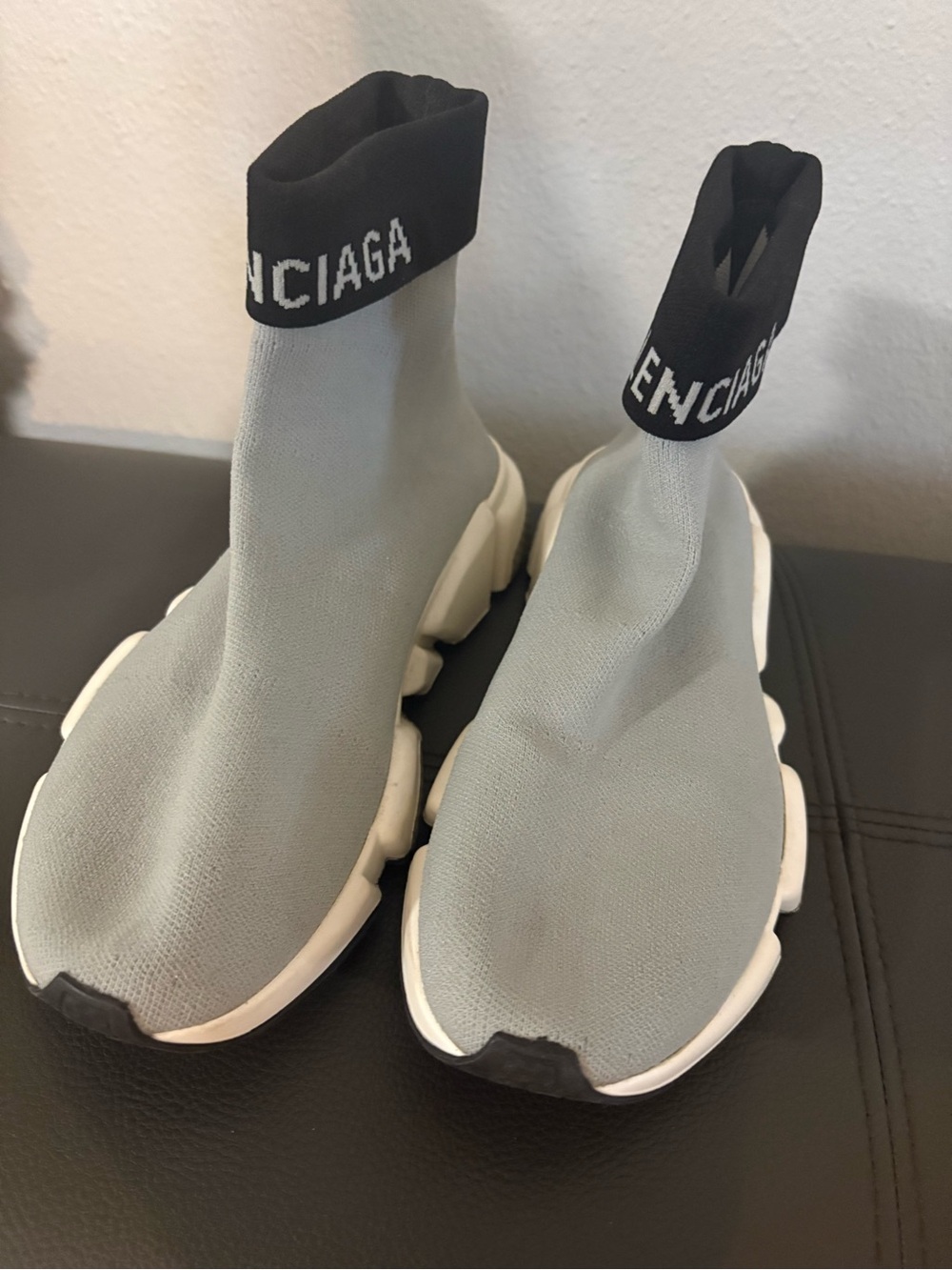 Balenciaga Light Gray Speed Trainer Sock Sneakers with Black Logo Cuffs